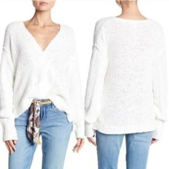 Free People Chunky Coco Cable Knit Oversize Cozy Fall Casual White Sweater - Picture 1 of 9